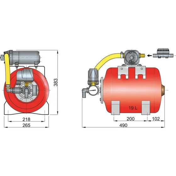 VETUS trykvandssystem 24 V, 19 l tank, justerbar trykafbryder