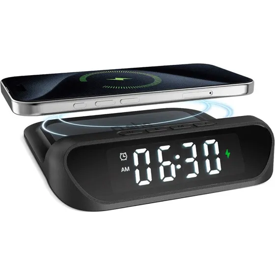 SBS 2-i-1 vækkeur med trådløs oplader 15W - sort