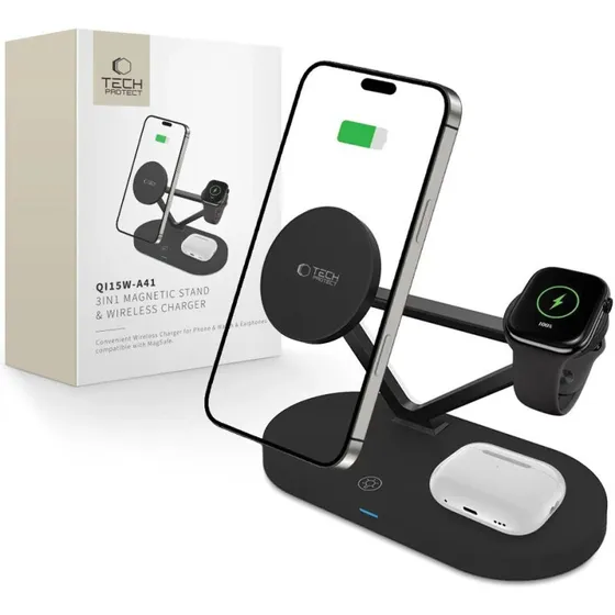 Tech-Protect QI15W-A41 3-i-1 trådløs oplader med MagSafe – sort