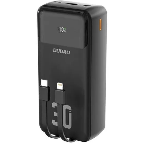 Dudao K15MAX 30000mAh, 22,5W PD/QC med indbyggede kabler - Sort