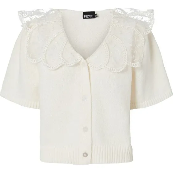 PCABBY SS Lace Collar Knit Cardigan - Kort ærme, O-hals