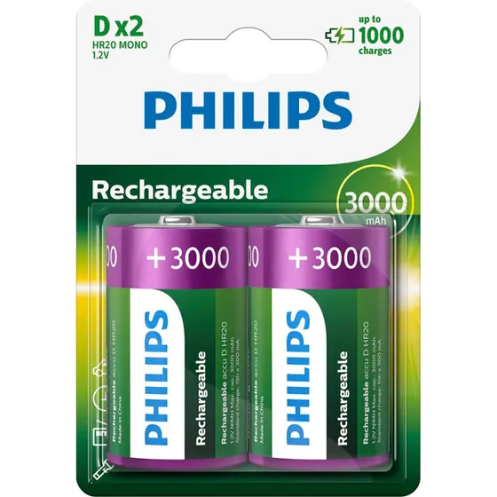 Philips genopladelige D-batterier NiMH 3000 mAh, 2 stk.