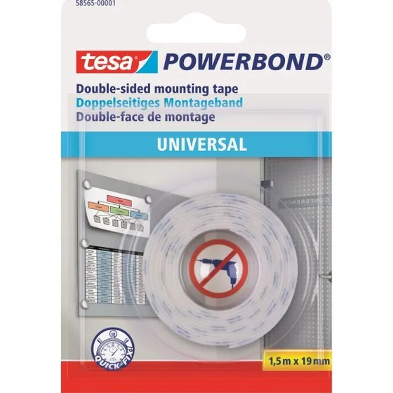 Tesa Powerbond dobbeltklæbende monteringstape 19 mm x 1,5 m, hvid