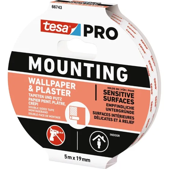 Tesa Mounting PRO montagebånd til tapet/puds 1,5 m x 19 mm hvid
