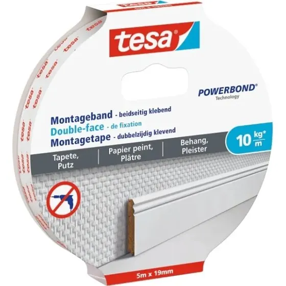 TESA 77743-00000 monteringsbånd 5 m til tapet & puds 10 kg/m