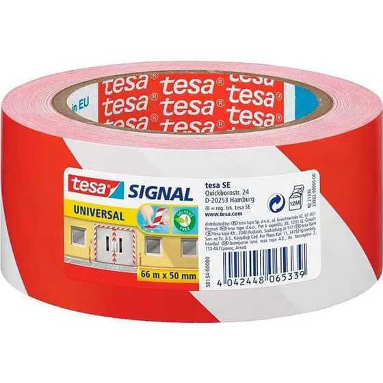 Tesa Signal Universal advarselstape 50 mm x 66 m rød/hvid
