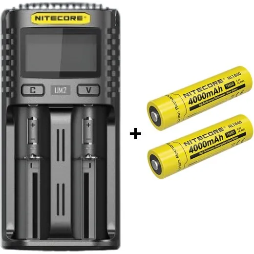 Nitecore UM2 oplader + 2× NL1840 18650 4000mAh