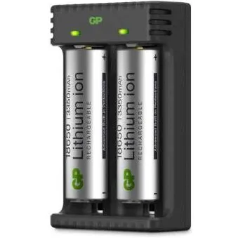 GP Li-ion 2-slot oplader L211 (sort/sølv) inkl. 2×18650 3350mAh
