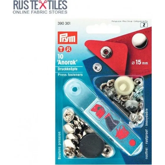 Prym Trykknap Anorak 15 mm sølv, 10 stk med værktøj