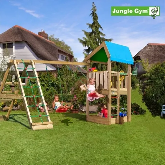 Jungle Gym Home 2.1 legetårn med klatremodul og grøn rutsjebane