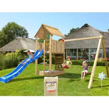 Jungle Gym Cabin legetårn 2,1 m – blå rutsjebane, 120 kg sand