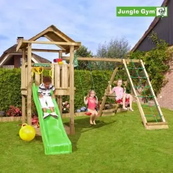 Jungle Gym House 2.1 legetårn m. Climb Module 220 & grøn rutsjebane