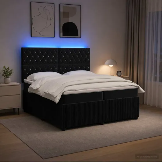 vidaXL LED Boksmadrasseng med madras, Sort, 200 x 200 cm, Fløjl