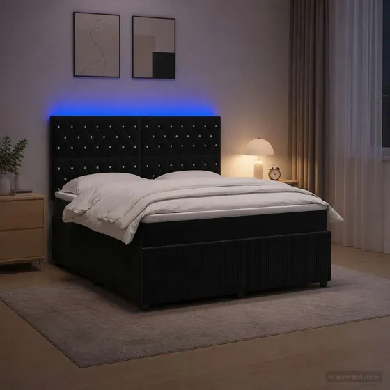 vidaXL LED Boksmadrasseng med madras, Sort Fløjl, 180 x 200 cm