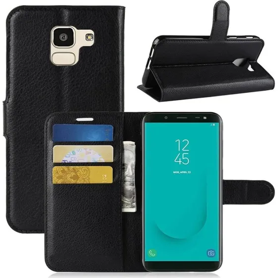 Samsung Galaxy J6 læderetui med Litchi-overflade og magnet – Sort