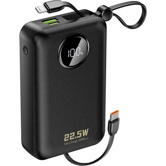 Dudao K14+ Powerbank 20000mAh 22.5W med indbyggede kabler - Sort