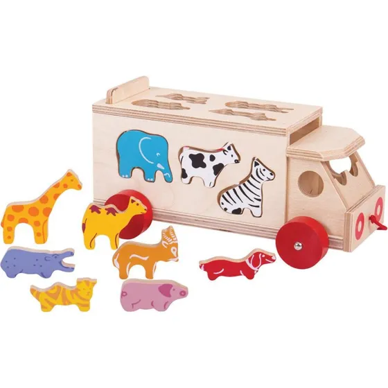 Bigjigs Wooden Shape Box Truck - Formsorteringslegetøj med dyr