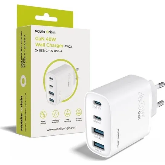 Mobile Origin 40W GaN Wall Charger PW22 - 2x USB-C + 2x USB-A