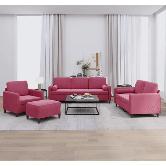vidaXL Sofasæt 4 dele i vinrød velour med puder