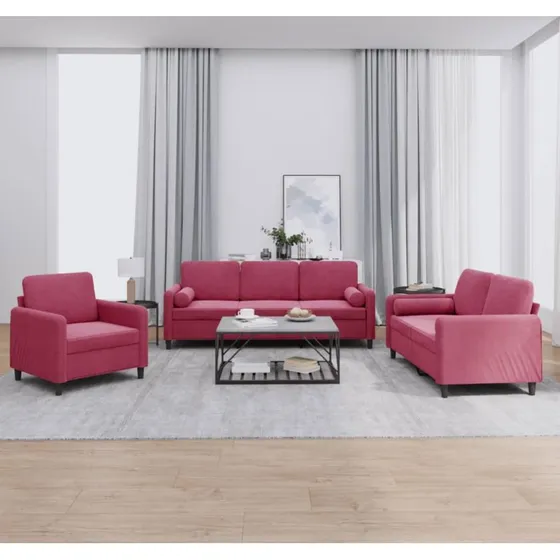 vidaXL Sofasæt 3 dele i vinrød velour med puder