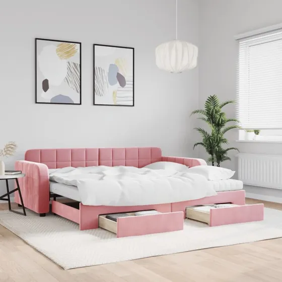 vidaXL Daybed med udtræk og skuffer 90x200 cm - lyserød velour