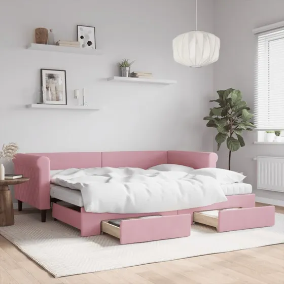 vidaXL Daybed med udtræk og skuffer, lyserød velour, 90x200 cm