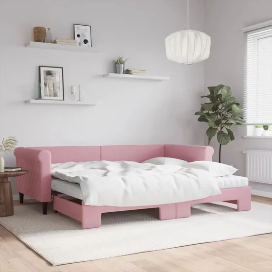 vidaXL Daybed med udtræk og madras 90x200 cm - lyserød velour