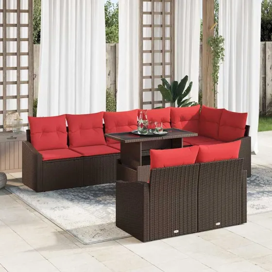 vidaXL Havesofa Sæt 9 stk. Brun og Rød Polyrattan