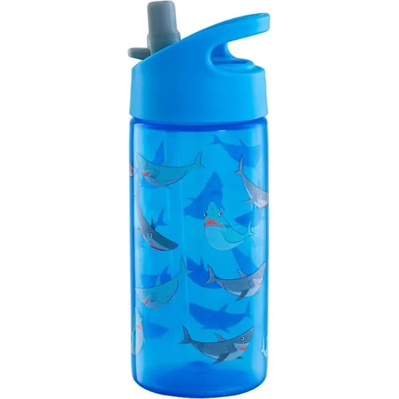 Blå drikkedunk med flip-låg og sugerør – Hajedesign 400 ml