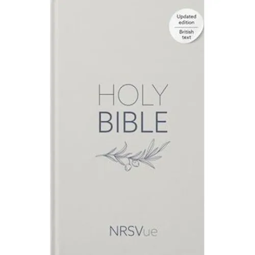 NRSVue Holy Bible - Lys grå hardback med oliven-illustration