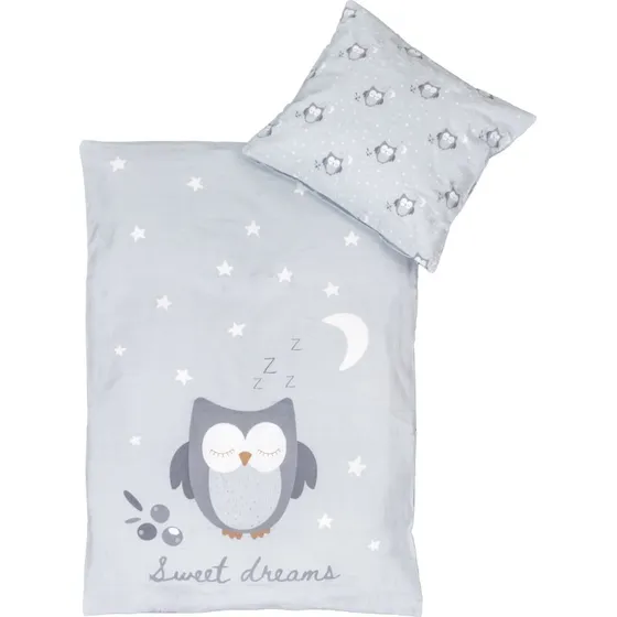 Ugle baby sengetøj 70x100 cm – vendbart lyseblåt bomuld