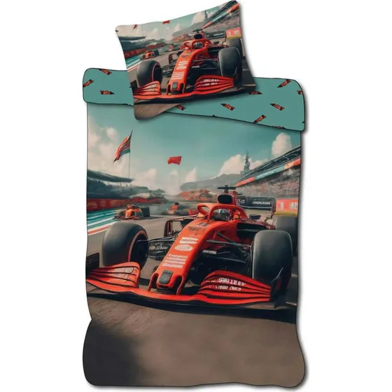 Børne sengetøj 140x200 cm - Vendbart racerbilsæt, 100% bomuld