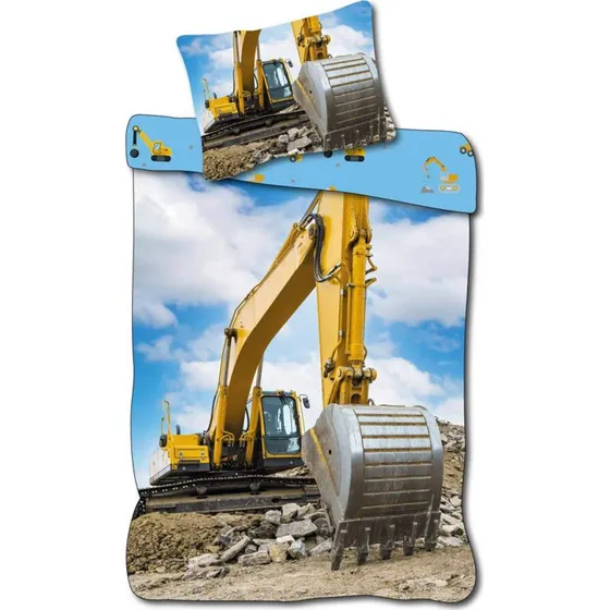 Junior sengesæt 100x140 cm – vendbart med gul gravemaskine