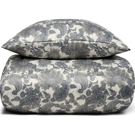 Sandfarvet satin sengetøj 140x200 med blå blomster