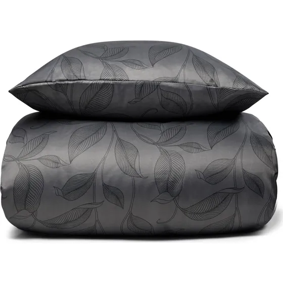 IN Style Satin sengetøj 200x220 cm - Sort med bladmotiv