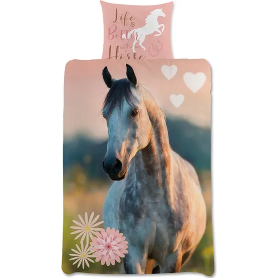 Hestesengesæt 140x200 cm - Lyserød 100% bomuld