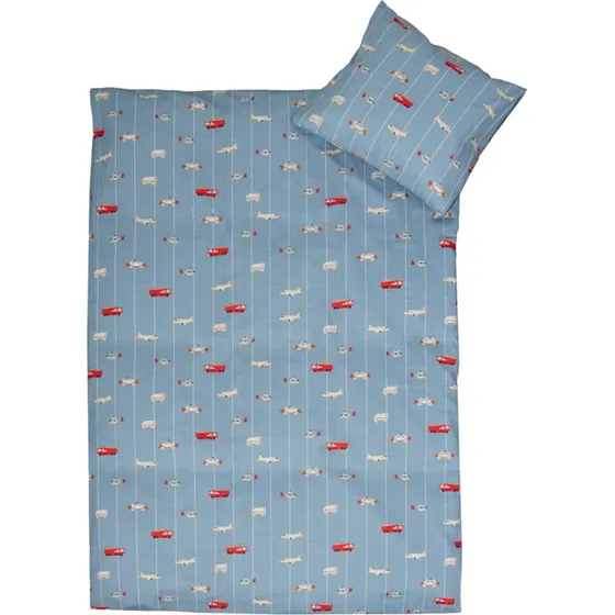 Junior sengesæt 115x135 cm - Blåt bomuld med biler og fly