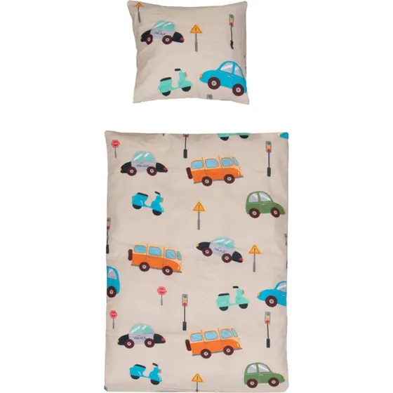 Baby sengetøj 70x100 cm - Biler beige, 100% bomuld