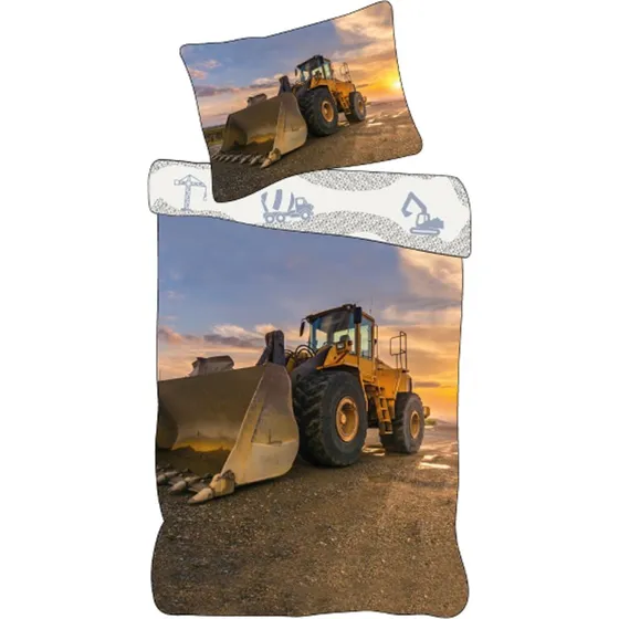 Børne sengetøj 140x200 – Vendbart gravemaskine-sæt