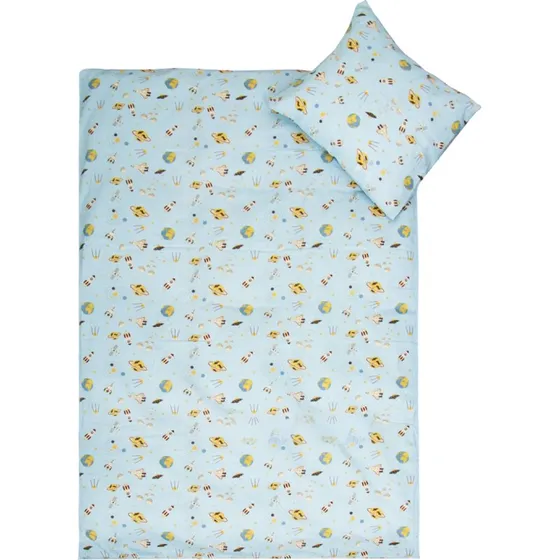 Junior sengetøj 100x140 cm – Blåt sengesæt med rummotiver