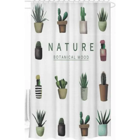 Badeforhæng 180x180 cm - Hvid med planter