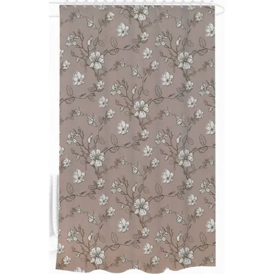 Badeforhæng 180x180 cm - Rosa med blomster, inkl. 12 ringe