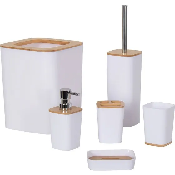 Badeværelsessæt 6 dele – hvid plast og bambus