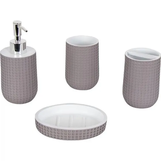Badeværelsessæt 4 dele i gråt/hvidt – præget polyresin