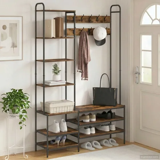 vidaXL Knagerække med skobænk, Røget eg, 120,5 x 34 x 190 cm