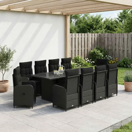 vidaXL Udendørs spisesæt 11 stk. Sort polyrattan