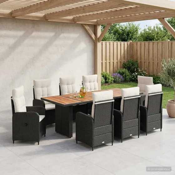 vidaXL Udendørs spisesæt 9 dele Sort/Cremehvid Polyrattan