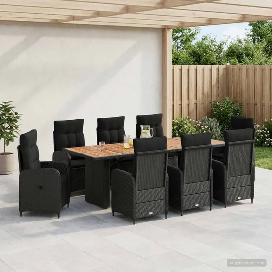 vidaXL Udendørs spisesæt 9 dele i sort polyrattan