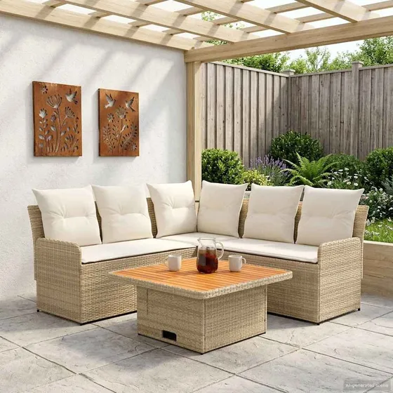 vidaXL Møbelsæt 4 dele i beige/creme PE-rattan og akacietræ