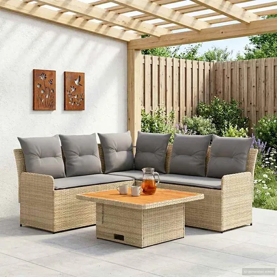 vidaXL Møbelsæt 4 dele i PE-rattan, beige og lys grå